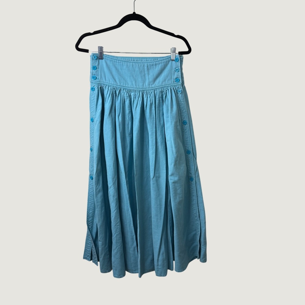 Gene Ewing Bis Vintage Blue Denim Side Button Midi Skirt Western Prairie USA 8